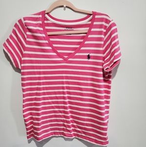 Womens V-neck Polo shirt, M, Pink/white striped.